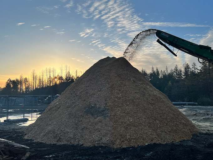 A blower truck piling wood mulch at sunset