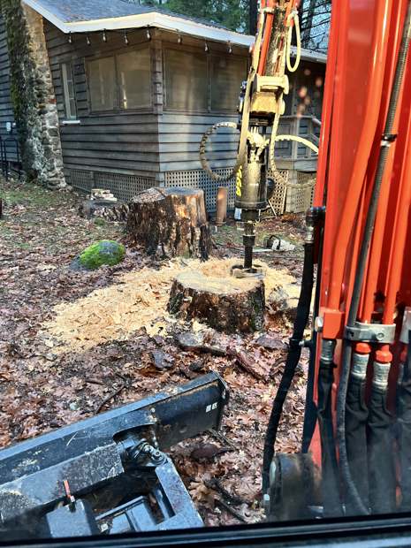 R2's excavator-mounted stump planer shaving a stump down beside a cabin